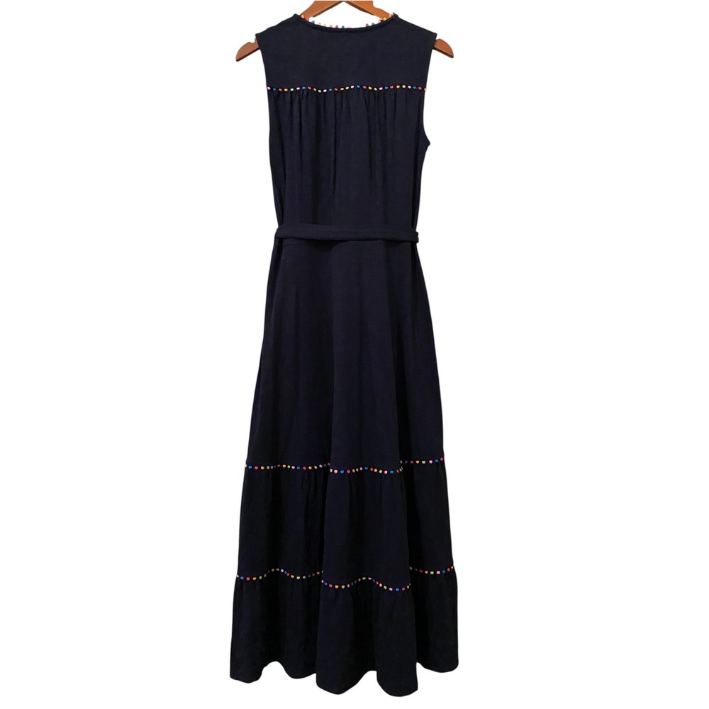 Boden Tara Tiered Midi Dress US 8 Pom Trim 100% Cotton Navy Blue - Picture 7 of 15
